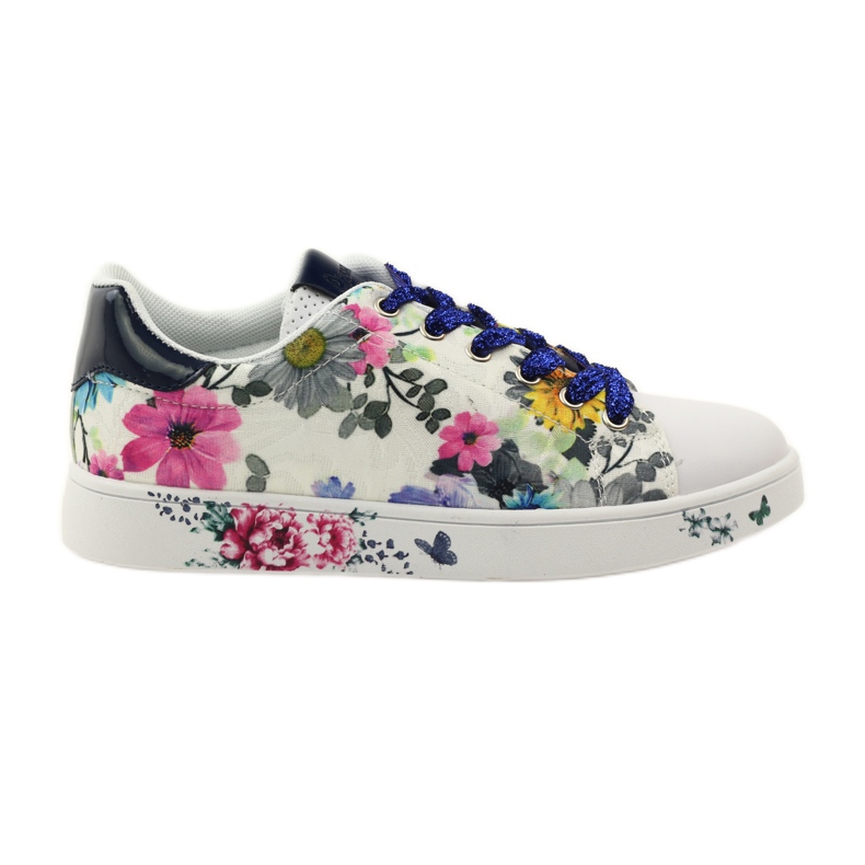 American Club Baskets américaines à fleurs avec incrustation de cuir bleu marin rose blanche