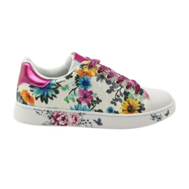 American Club Baskets américaines à fleurs avec incrustation de cuir rose multicolore jaune bleu blanche