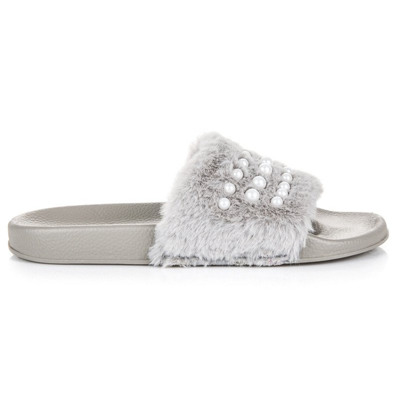 Chaussons avec fourrure et perles gris