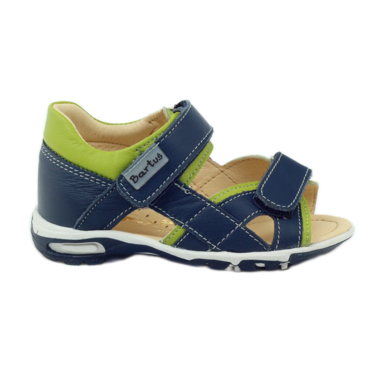 Sandales pour garçons en cuir pour Velcro 137 Navy / Green Bartuś bleu