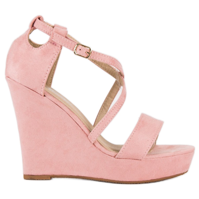 Sandales compensées en daim rose
