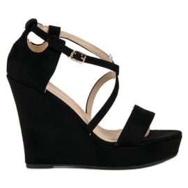 Sandales compensées en daim noir