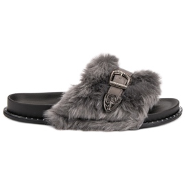 Tongs à la mode avec fourrure gris