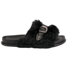 Tongs à la mode avec fourrure noir