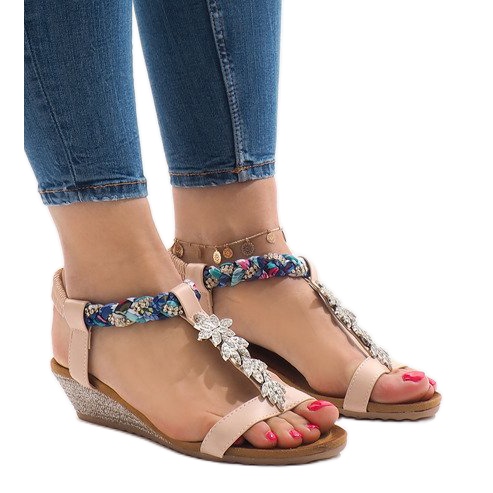 Sandales compensées roses avec un élastique B133-3 multicolore