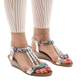 Sandales compensées argentées avec clous B132-6 gris multicolore