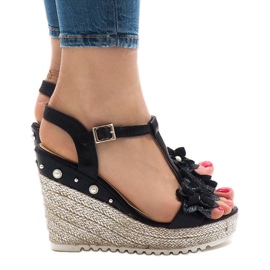 Sandales compensées noires à fleurs T-682-5