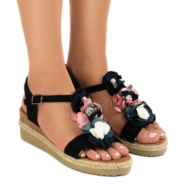 Sandales compensées noires à fleurs 218-168