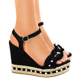 Sandales compensées noires perles 2445