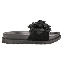 Queen Vivi Pantoufles En Daim Avec Fleurs le noir