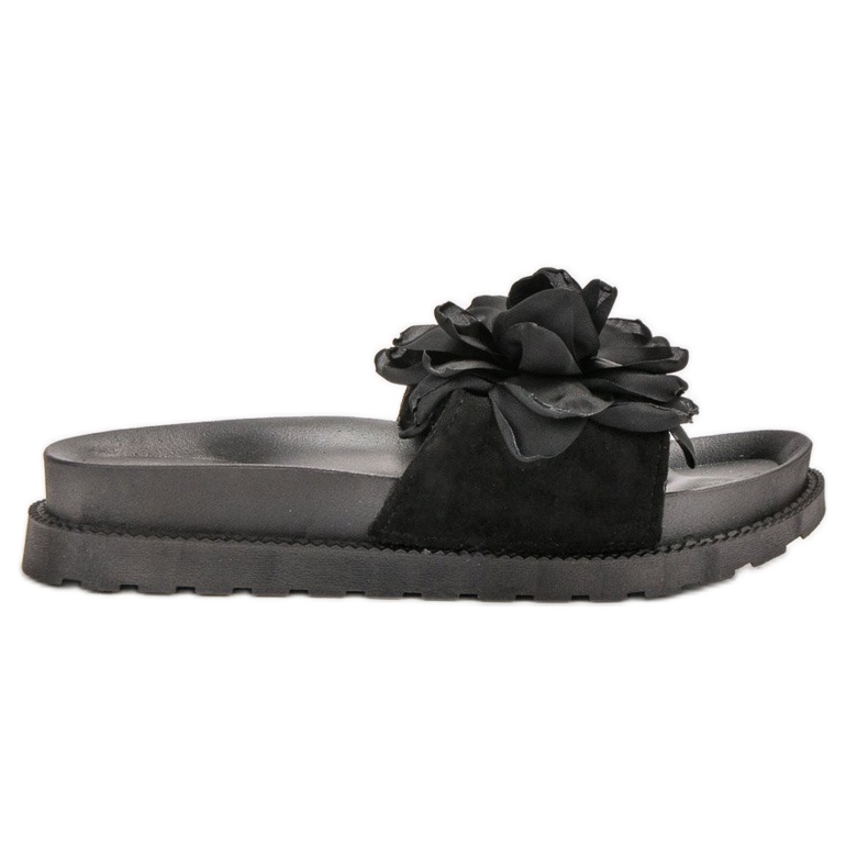 Queen Vivi Pantoufles En Daim Avec Fleurs le noir