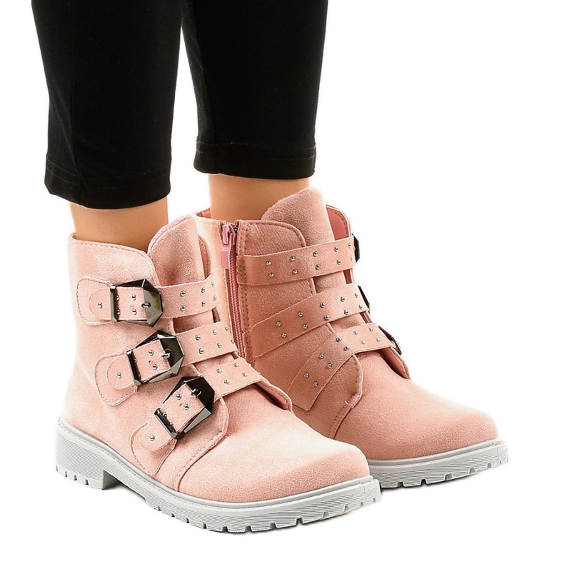 Bottines plates en daim rose avec boucles TL95-4