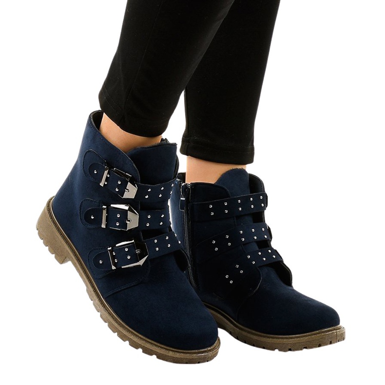 Bottines plates en daim bleu marine à boucles TL95-2