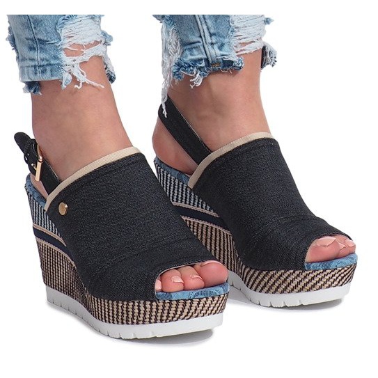 Sandales compensées en jean noir mulanka le noir