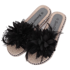 Chaussons femme noirs avec plumes CK131P