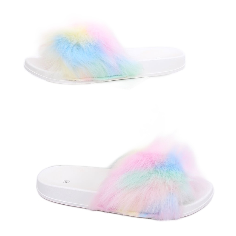 Tongs avec fourrure arc-en-ciel CK153P ​​​​Blanc multicolore