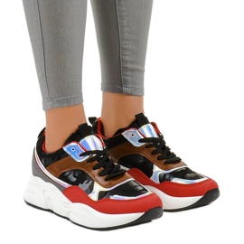 Baskets noires, baskets de sport C9218 brun le noir rouge gris multicolore