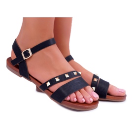 S.Barski Sandales Plates Femme Clous Dorés Black Raven noir