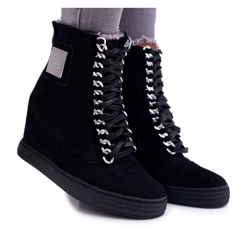 Lu Boo | Baskets en daim noires Monica Silver Chain le noir