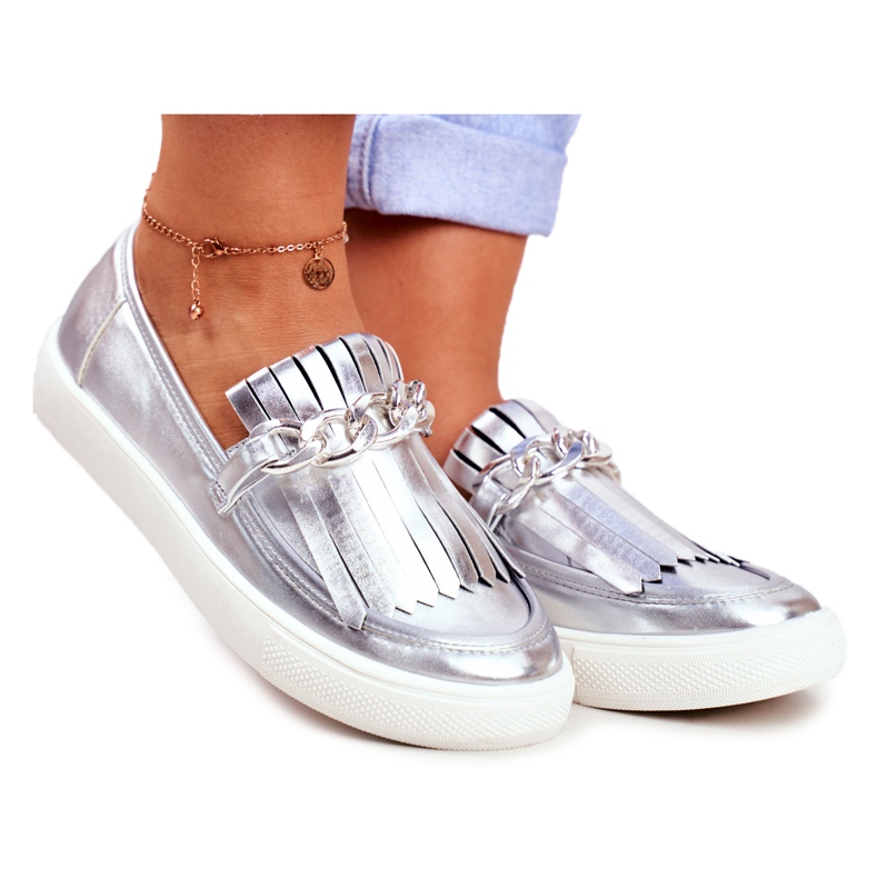 Baskets Femme Slip On Mocassins Lu Boo Miroir Avec Franges Nefrette gris