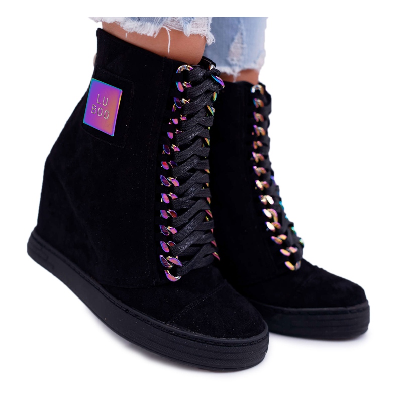Baskets Femme Lu Boo Daim Noir avec Chaînes Irisées Monica le noir