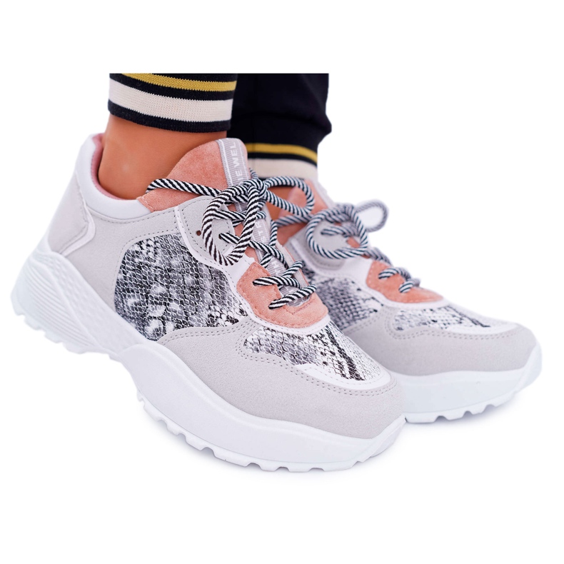 NFR Chaussures de sport pour femmes à semelle haute en peau de serpent rose Chillout gris