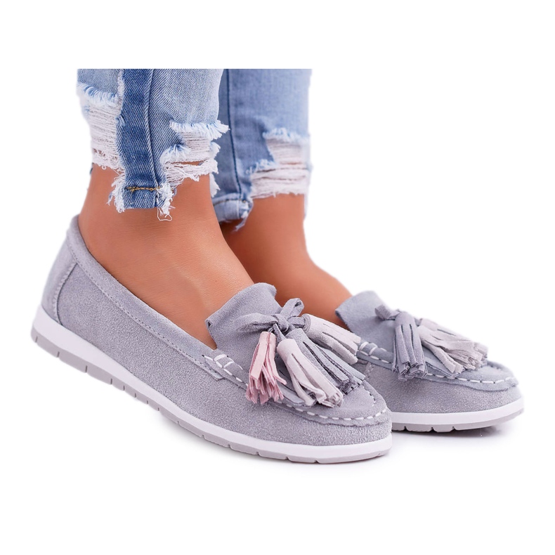 EVE Mocassins Femme, Cuir Suédé à Franges, Batist Gris