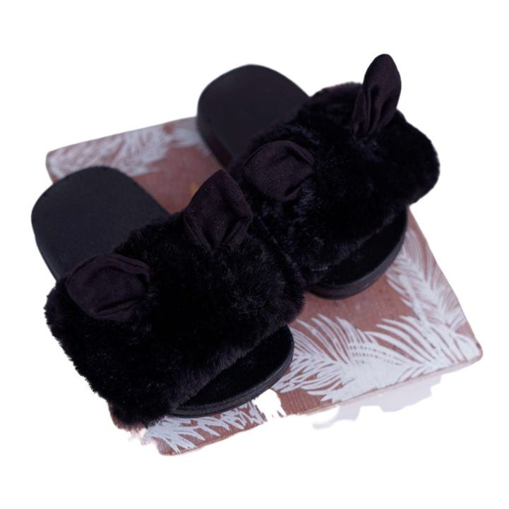 FRROCK Chaussons Enfant Fourrure Et Dégâts Noir Thoa le noir