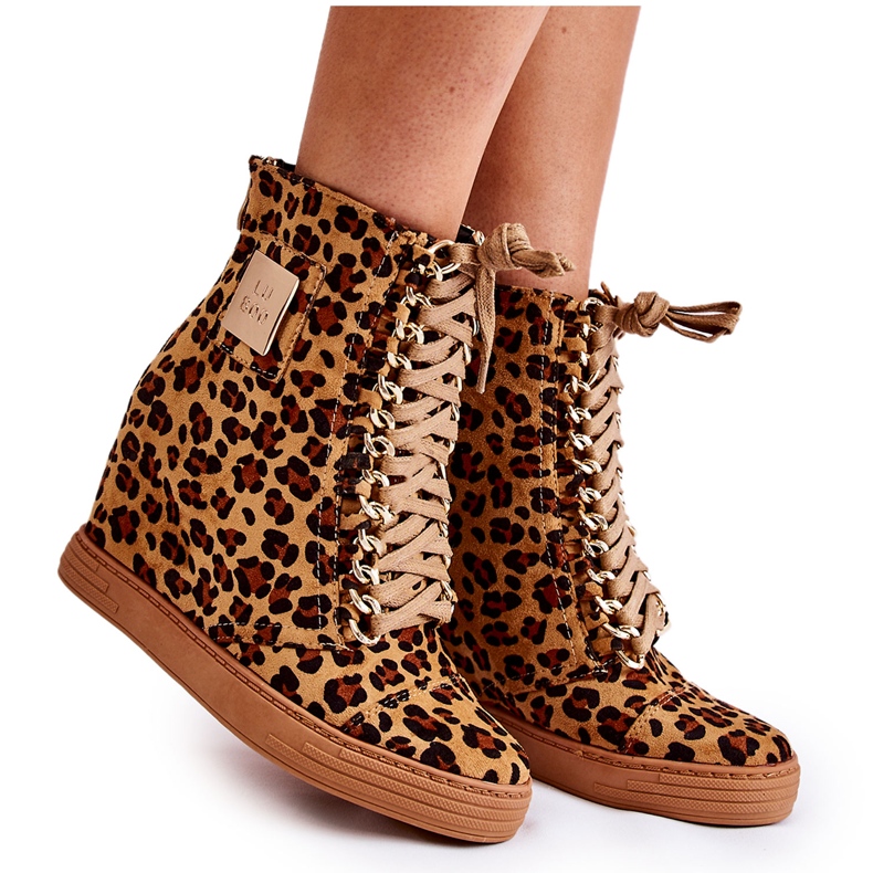 Baskets Femme Lu Boo Chaîne Dorée Daim Léopard Monica beige brun