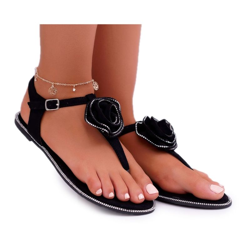 Sandales Femme Tongs Noir Fleur Strass Drave le noir