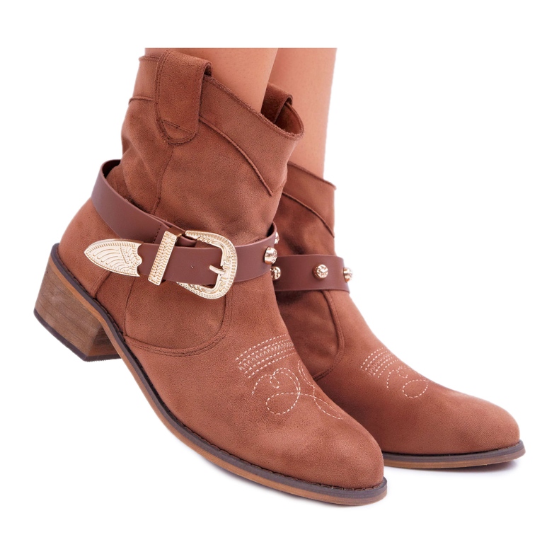 FRBS Boots Femme Talon Plat Cowboy Boots à Boucle Camel Ewella brun