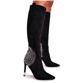 HAN Bottes Pour Femmes Sur Un Talon Au Genou Noir À La Mode le noir