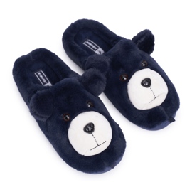 BUGO Pantoufles pour femmes avec fourrure d'ours en peluche bleu marine