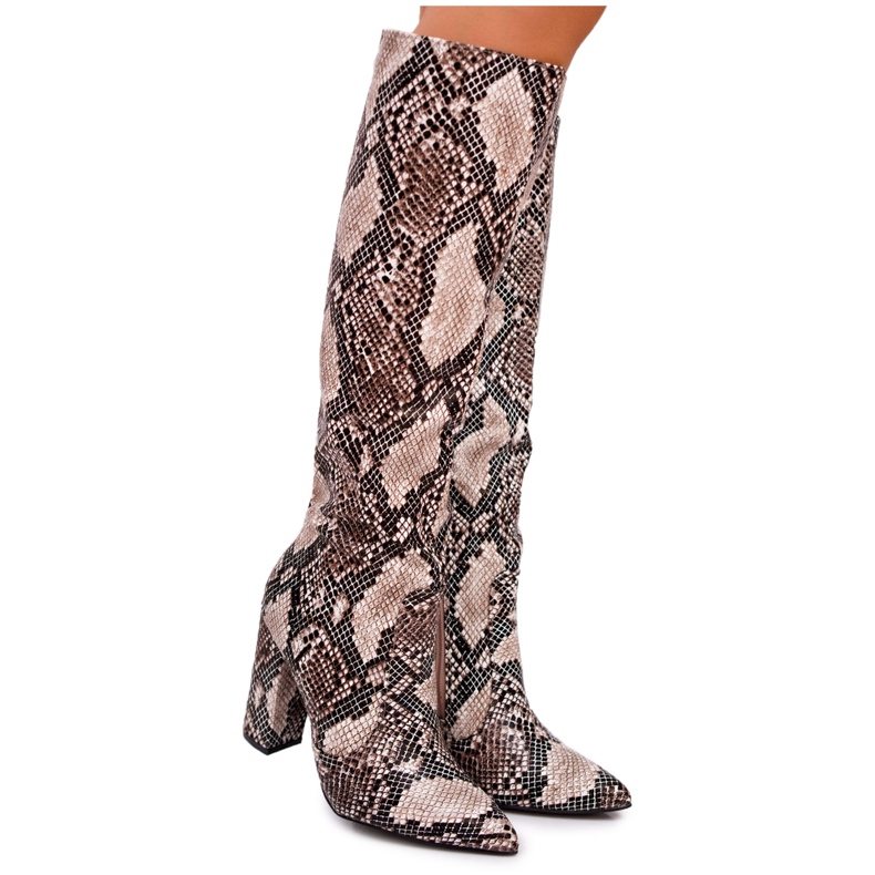 FRGIV Bottines À Talons Hauts Femme Peau De Serpent Beige Brouny