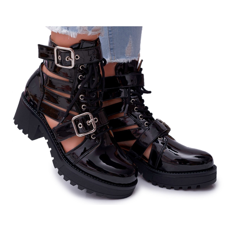 SEA Bottes Talon Plat Femme Printemps Laqué Noir Unique le noir