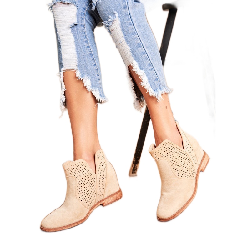 Bottines Femme Talon Plat Daim Ajouré Beige Clair Nuances
