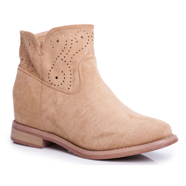 SEA Bottines Femme Talon Plat Daim Ajouré Beige Raffe