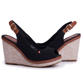 SEA Sandales compensées pour femmes Noir Tommy le noir