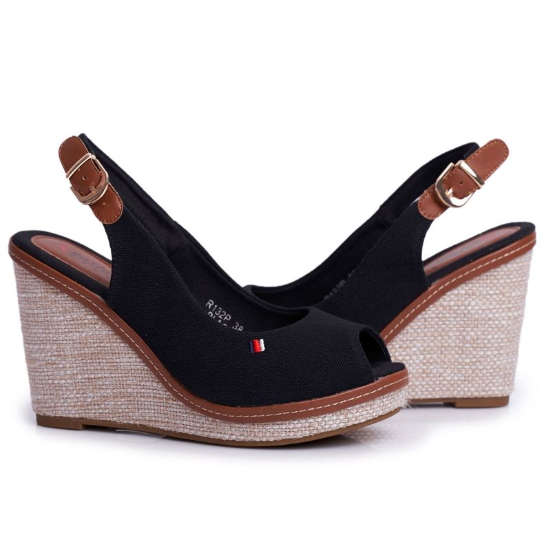 SEA Sandales compensées pour femmes Noir Tommy le noir