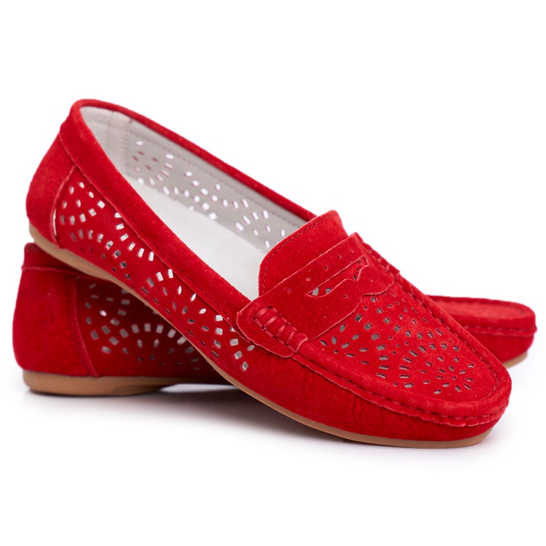 S.Barski Mocassins Femme Cuir Ajouré Rouge Salem