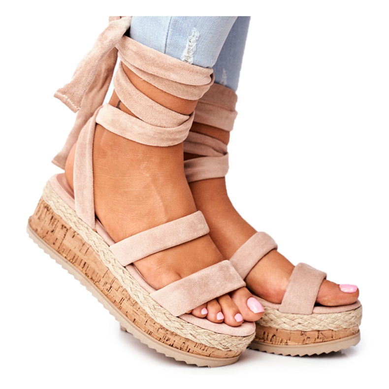 HAN Sandales Femme Sur La Plateforme Nouées Beige La Favorite