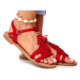 FJ1 Sandales Plates Femme Daim Boho Rouge Lucami