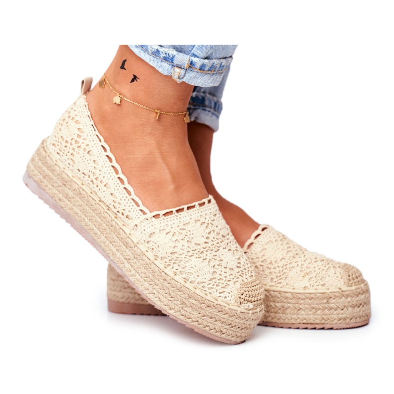 FRJ Espadrilles En Dentelle Pour Femmes Sur Une Plate-Forme Folklorique Beige FRJ Espadrilles En Dentelle Pour Femmes Sur Une Plate-Forme Folklorique Beige