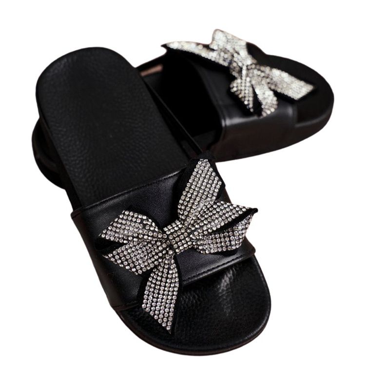 FRROCK Chaussons Enfant Fille Strass Noirs, Nœud Jomoga le noir