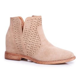 Bottines Femme Talon Plat Daim Ajouré Beige Nuances