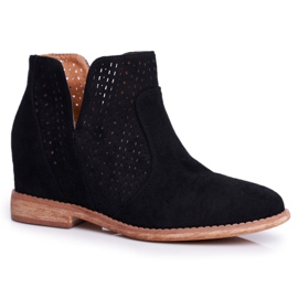 Bottines Femme Talon Plat Daim Ajouré Nuances Noires le noir