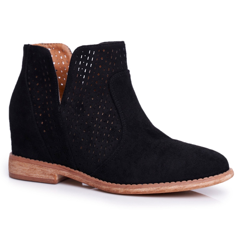 Bottines Femme Talon Plat Daim Ajouré Nuances Noires le noir