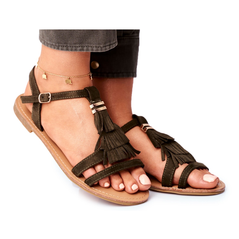 FJ1 Sandales Femme Plat Daim Boho Olive Lucami multicolore vert