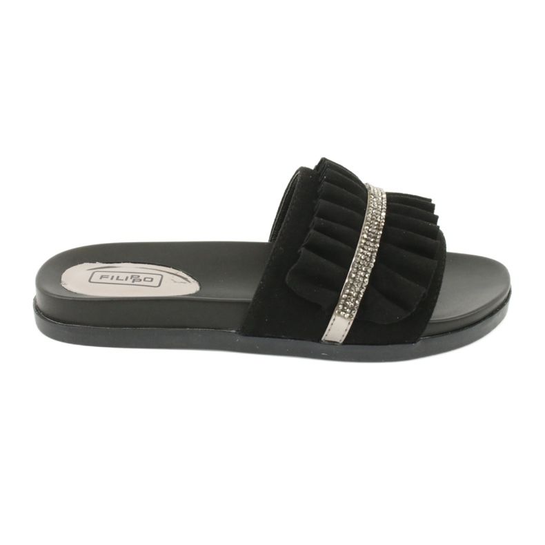 Filippo Les tongs noirs avec des volants et des zircons le noir