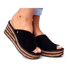 Pantoufles En Cuir Pour Femmes Sur Compensée Nicole 2559 Black Lemonade noir